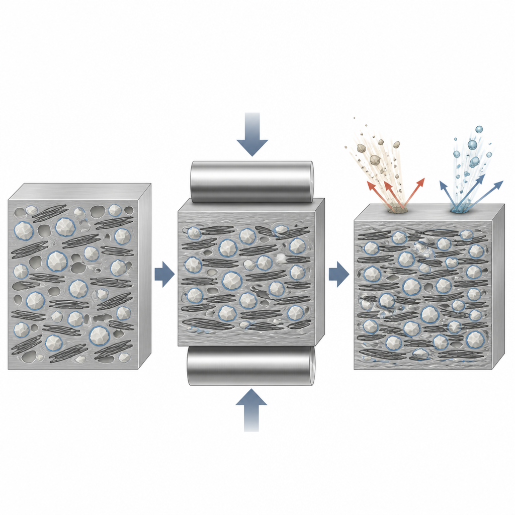 Figure 2. Hybride nanopartikels en warm walsen verdichten aluminium, wat de weerstand tegen slijtage en zoutcorrosie verbetert.