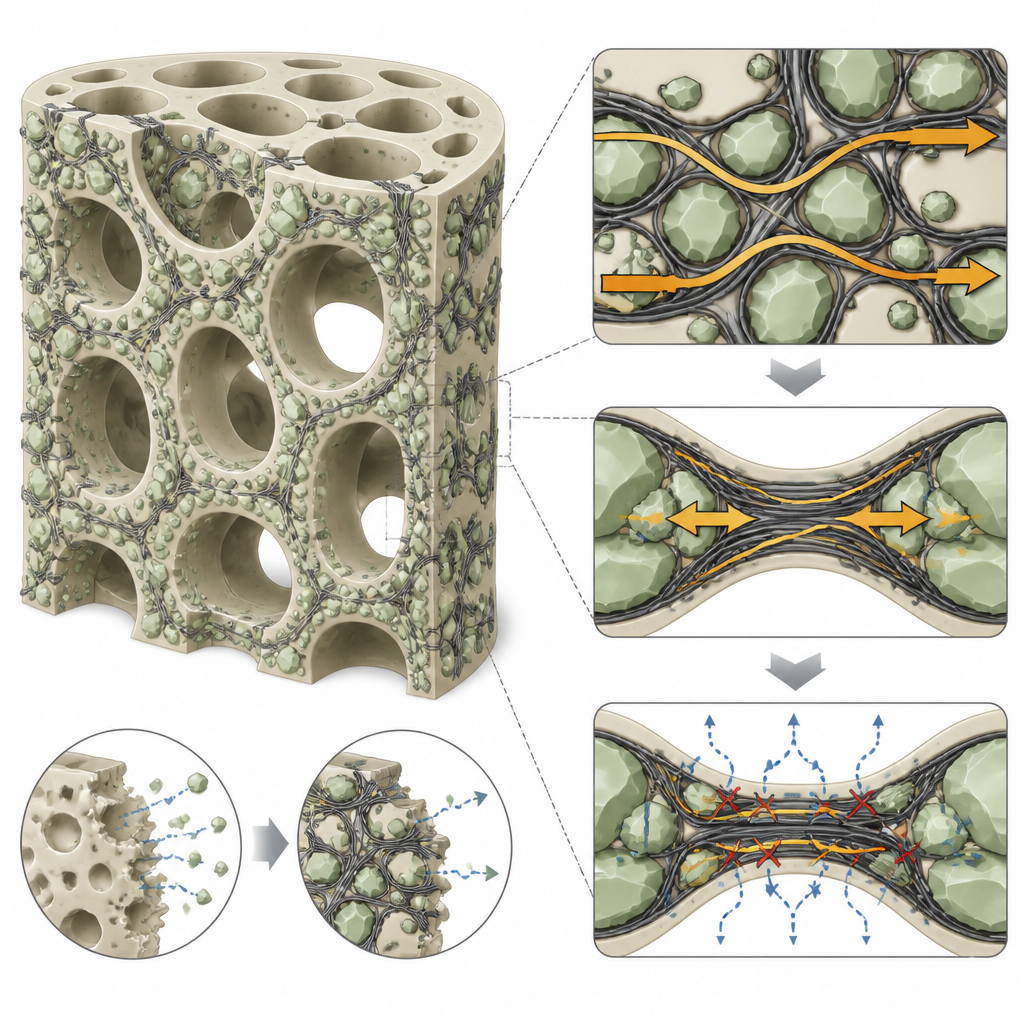 Figure 2. In het scaffold verbinden dunne vellen mineraal en gel om de sterkte te verhogen en de vochtingang te vertragen, wat een gelijkmatige botregeneratie begeleidt.