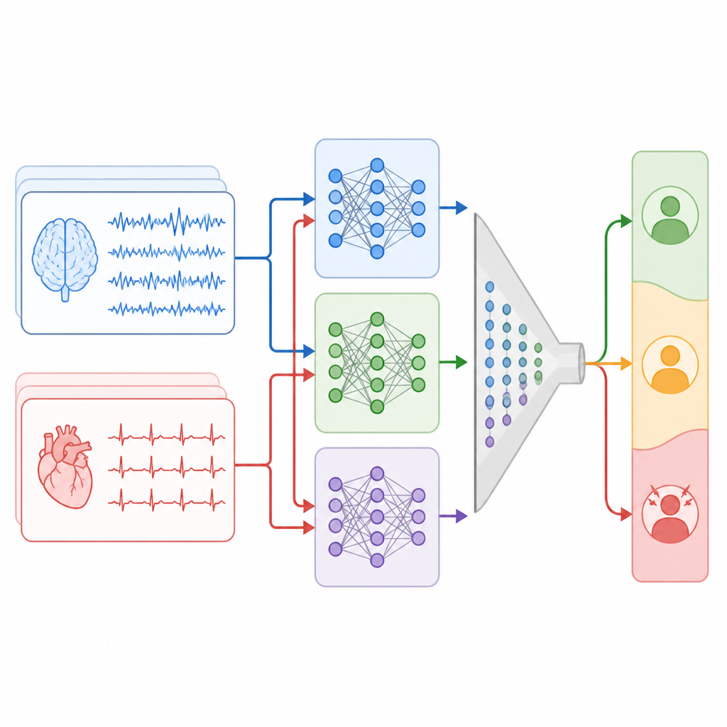 Figure 2. Flusso passo dopo passo dei dati cerebrali e cardiaci attraverso reti intelligenti per valutare il livello di stress