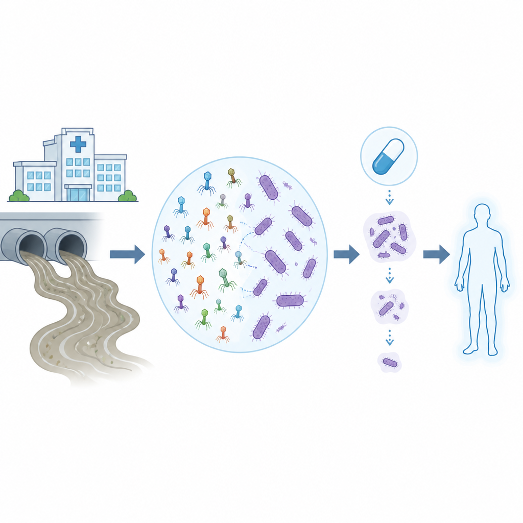 Figure 1. Hoe virussen uit afvalwater kunnen samenwerken met antibiotica om hardnekkige ziekenhuis-superbacteriën te bestrijden.
