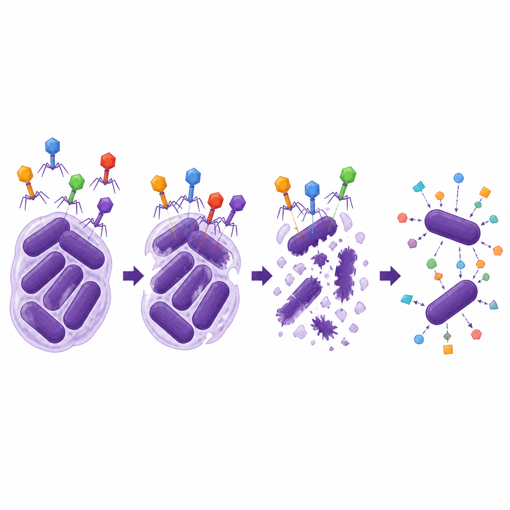 Figure 2. Hoe fagen bacteriële verdedigingen verzwakken zodat antibiotica geneesmiddelresistente kiemen gemakkelijker kunnen doden.