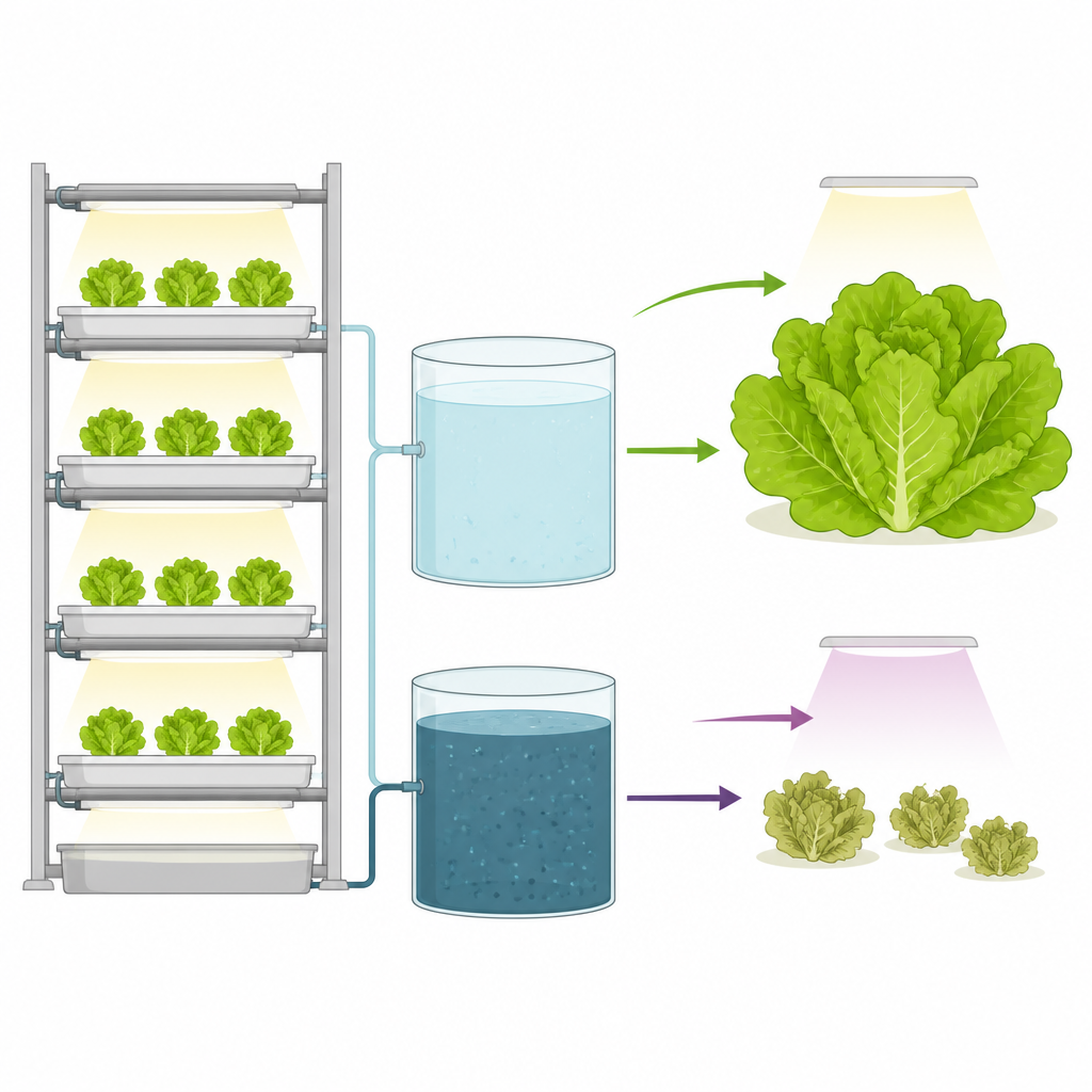 Figure 1. Cómo la fuerza de la solución y la intensidad lumínica conjuntamente determinan el crecimiento de la lechuga en una granja vertical hidropónica.