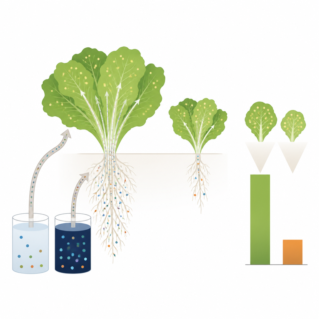 Figure 2. Cómo una alta salinidad en la solución nutritiva restringe la absorción radicular y reduce el rendimiento de la lechuga mientras que el nitrato en hoja se mantiene bajo.
