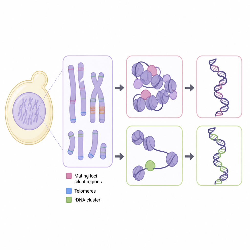 Figure 1. Cellule de levure avec zones d’ADN silencieuses où l’accès aux gènes est ralenti mais pas totalement bloqué