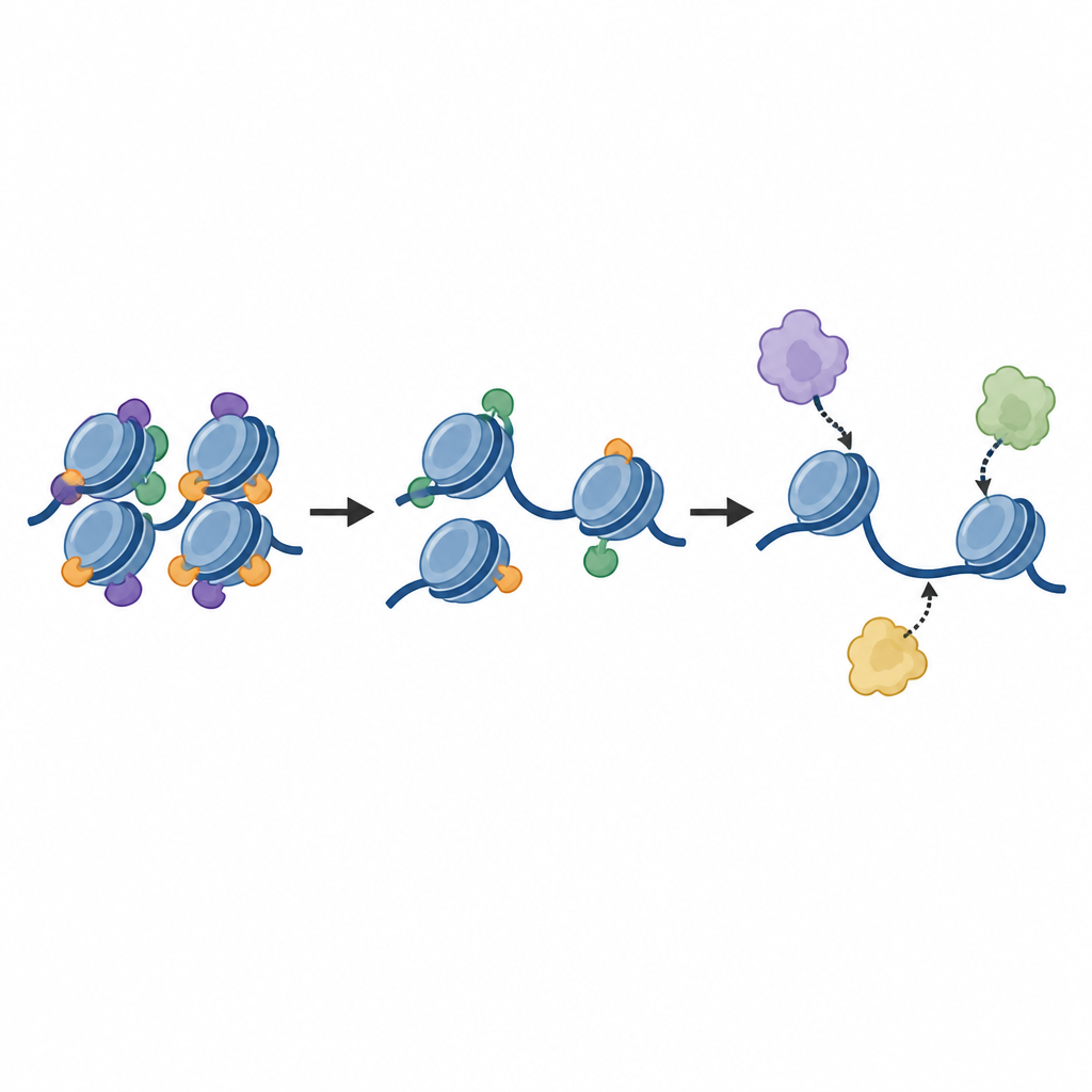 Figure 2. L’enroulement de l’ADN se relâche lorsque certaines protéines manquent, permettant aux enzymes d’atteindre plus facilement des régions auparavant silencieuses