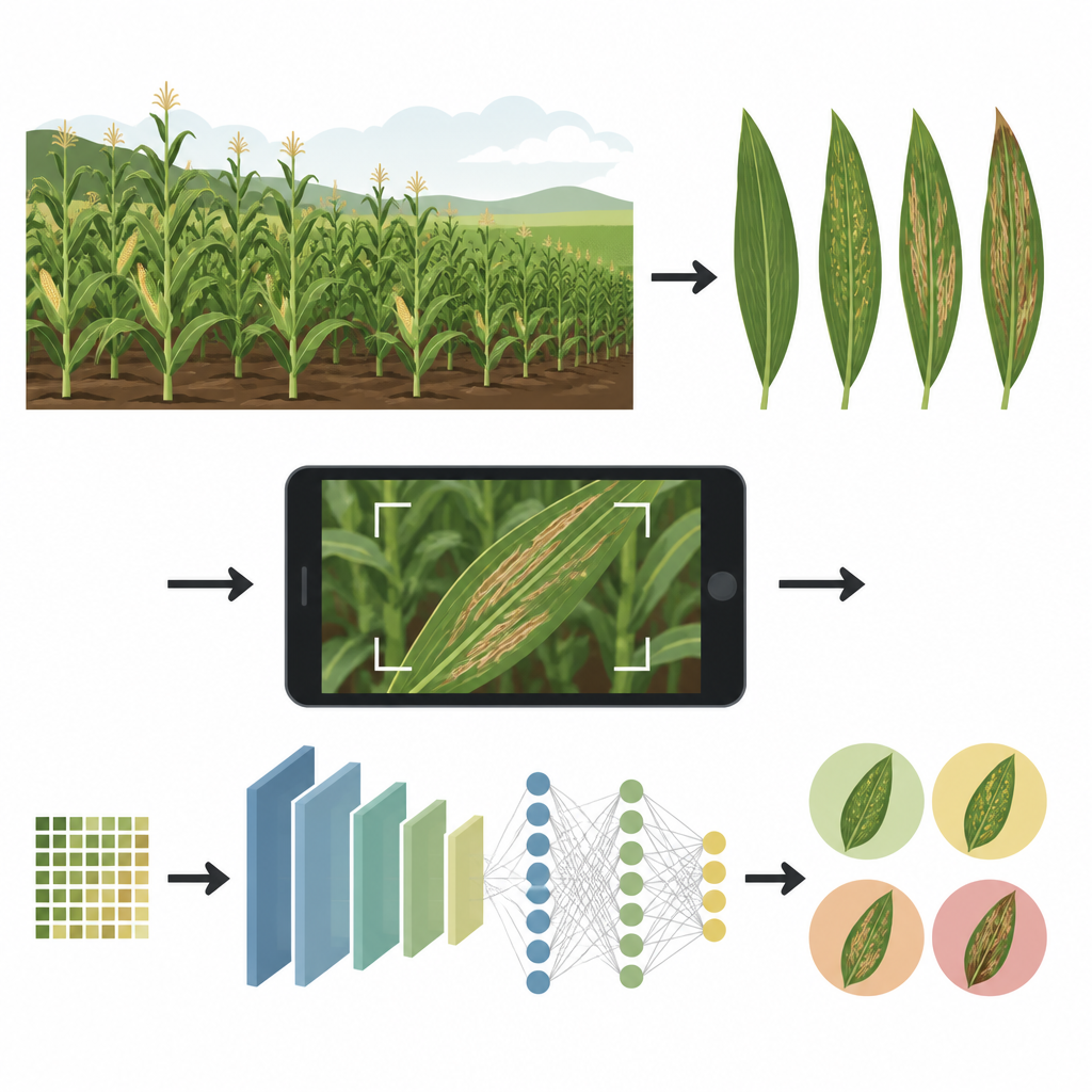 Figure 1. Van bladeren op het veld naar telefoonfoto’s naar een AI-model dat gezonde en zieke maïsplanten classificeert.