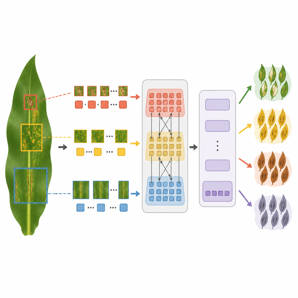 Figure 2. Meerdere schalen bladsnedes stromen door een cross-scale attention-transformer om gezonde en zieke maïsbladeren te scheiden.