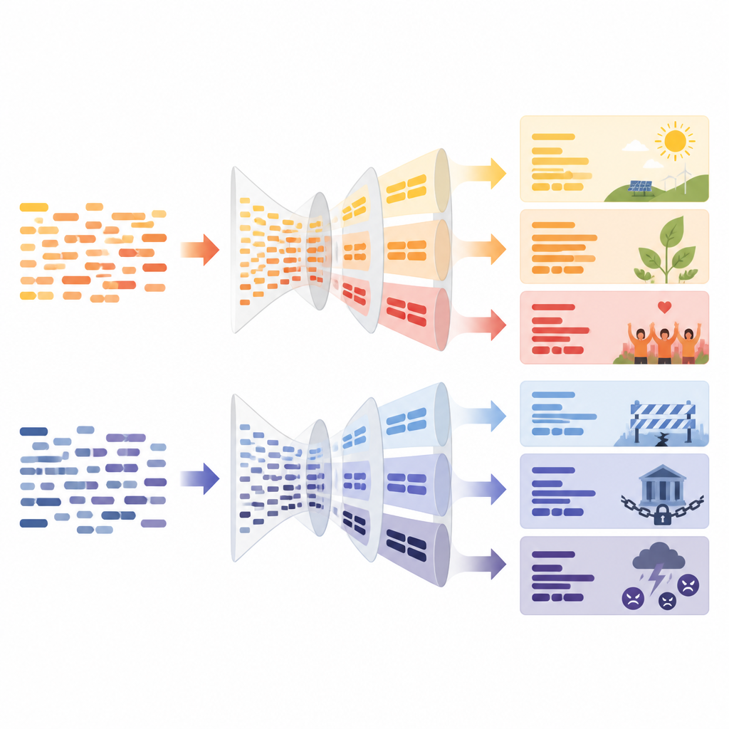 Figure 2. Cómo un método automatizado descompone artículos sobre el clima en segmentos para revelar emociones y modelos narrativos distintos.
