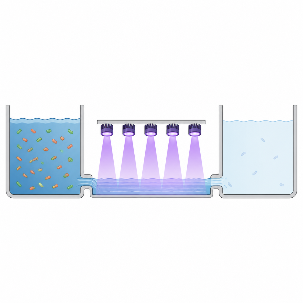 Figure 1. Come i LED UV-C purificano l’acqua eliminando batteri indicatori nocivi in un passaggio di trattamento compatto e privo di mercurio.