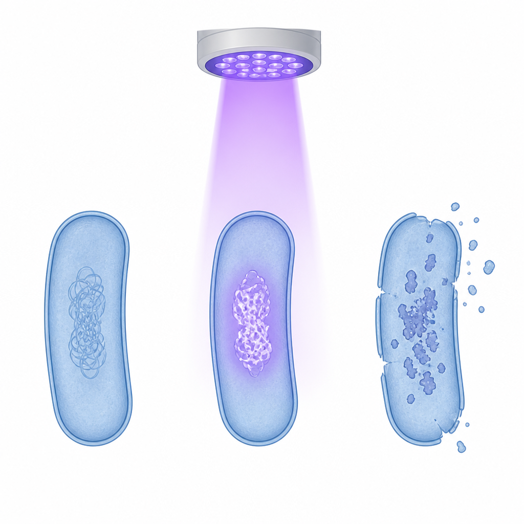 Figure 2. Visione passo dopo passo di come la luce UV-C danneggia il DNA e le membrane batteriche impedendo alle cellule di recuperare dopo il trattamento.