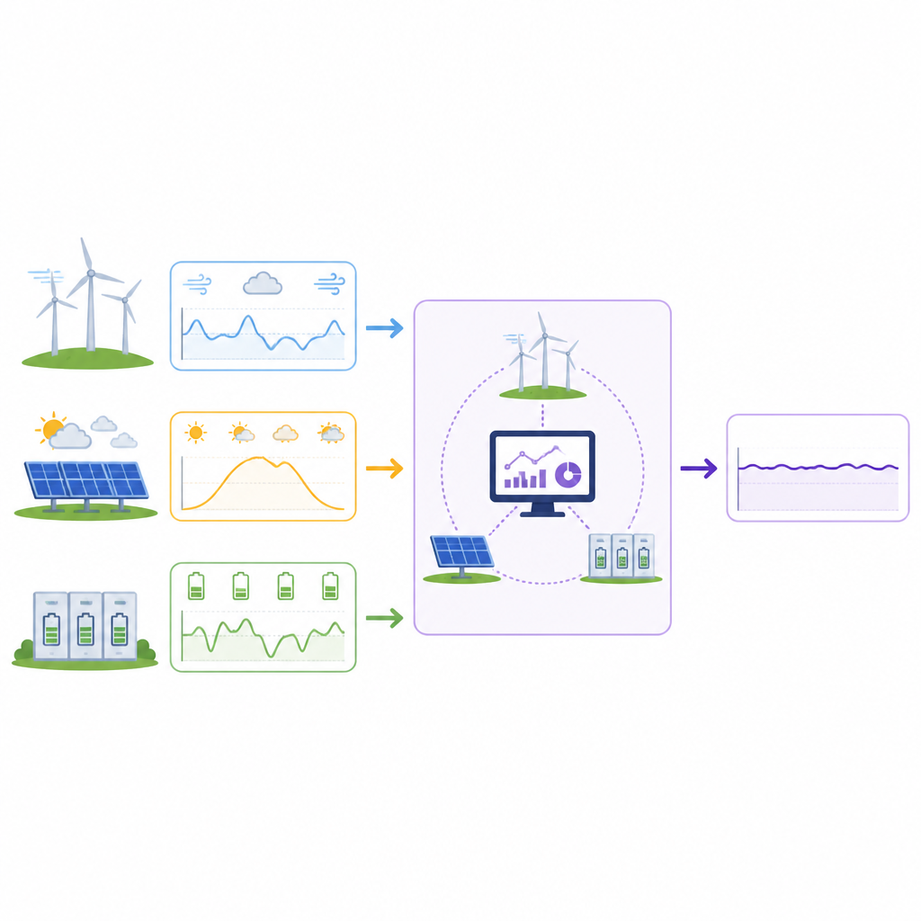 Figure 1. How a virtual power plant blends wind, solar, and batteries to deliver steadier power despite changing weather.