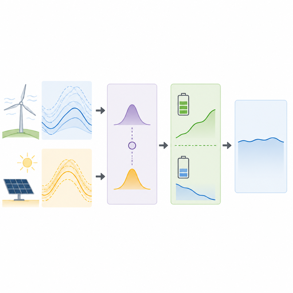 Figure 2. How uncertain wind and solar outputs interact with battery actions to create a more reliable power supply over time.