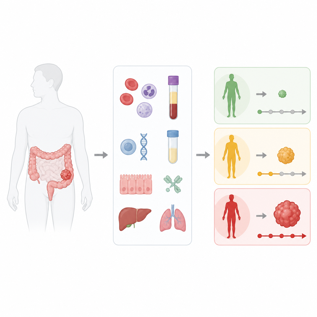 Figure 1. Uso de exploraciones y análisis de sangre de rutina para agrupar a pacientes con cáncer de colon según el probable beneficio de la terapia dirigida combinada.