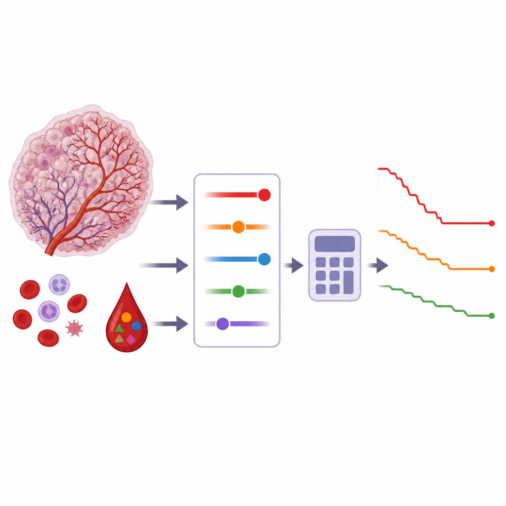 Figure 2. Cinco características del tumor y del paciente confluyen en una escala de riesgo que se correlaciona con un tiempo más corto o más largo hasta el empeoramiento del cáncer.