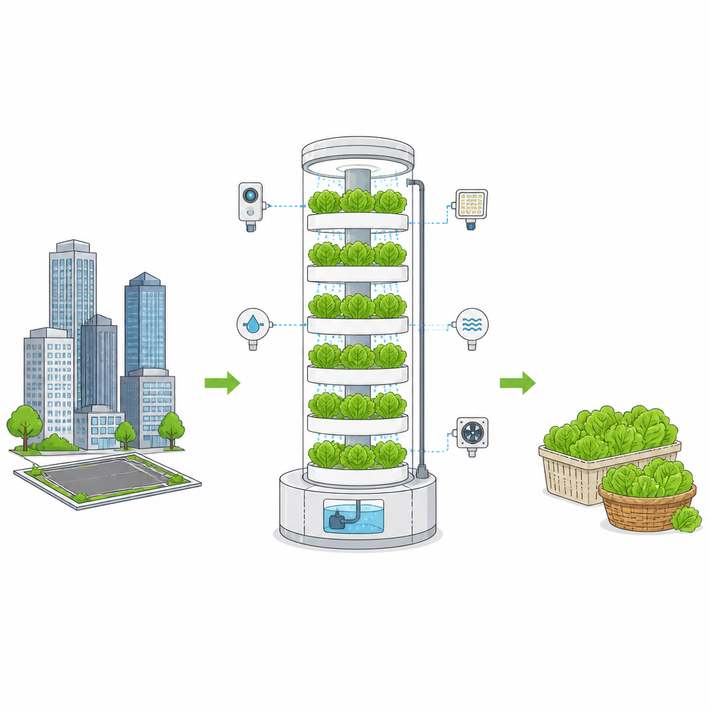 Figure 1. Come una torre aeroponica interna trasforma lo spazio urbano in un flusso costante di raccolti di lattuga fresca