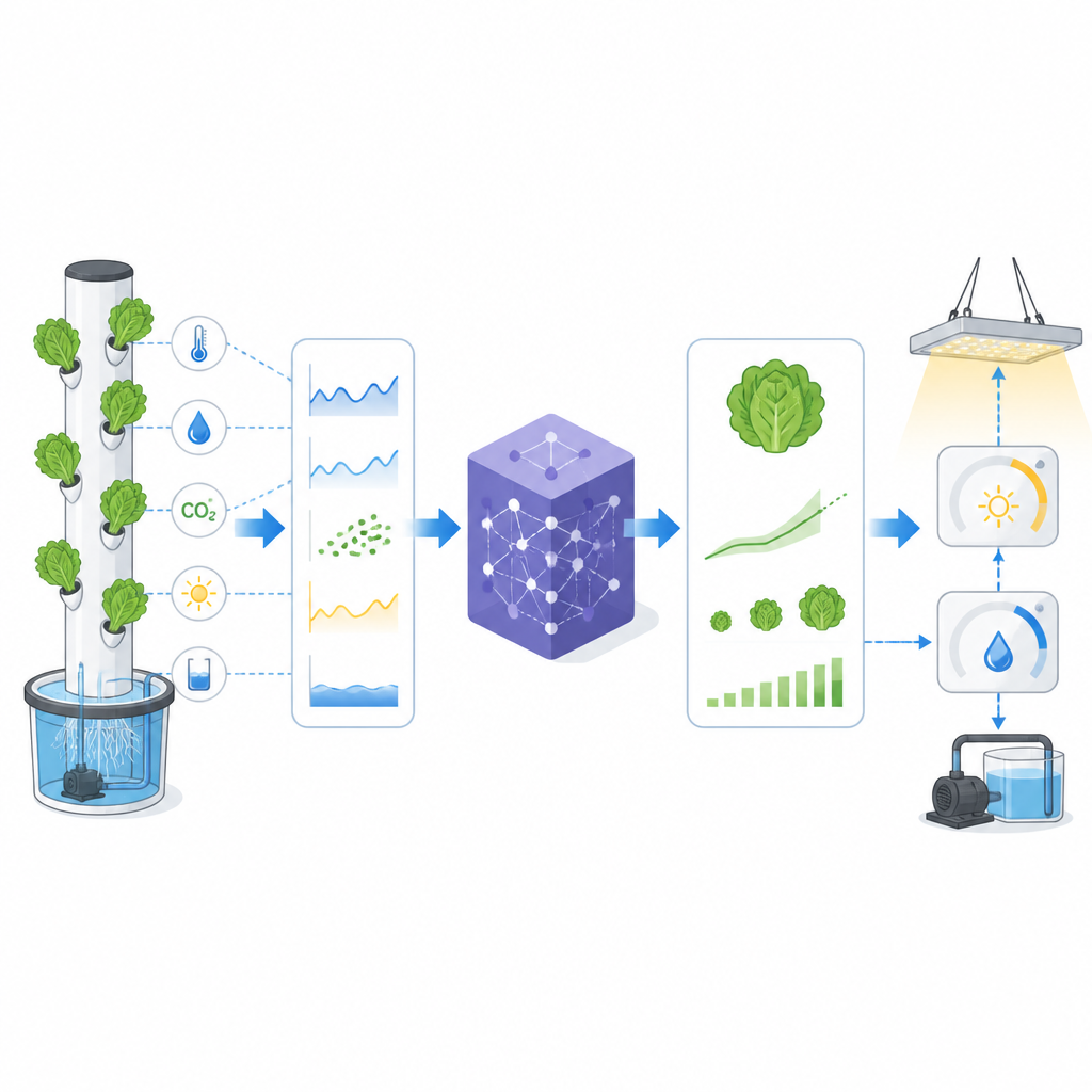 Figure 2. Come i dati dei sensori alimentano un modello intelligente che ottimizza acqua e luce per prevedere la resa della lattuga