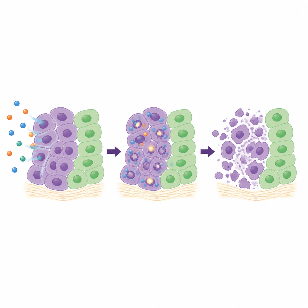 Figure 2. Hoe een klein molecuul kankercellen binnendringt, hun DNA beschadigt en hen na verloop van tijd aanzet tot zelfvernietiging.