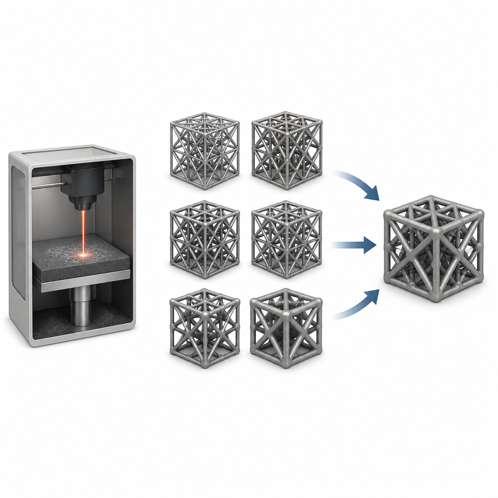 Figure 1. Cómo los diseños de retículos metálicos impresos en 3D controlan el equilibrio entre ligereza y resistencia mecánica.
