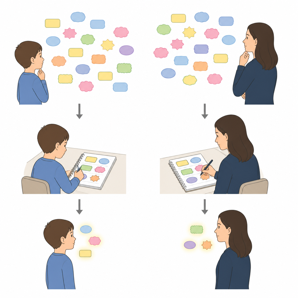 Figure 1. Hoe het vertrouwen op geschreven aantekeningen verandert wat kinderen en volwassenen daadwerkelijk in hun eigen hoofd onthouden