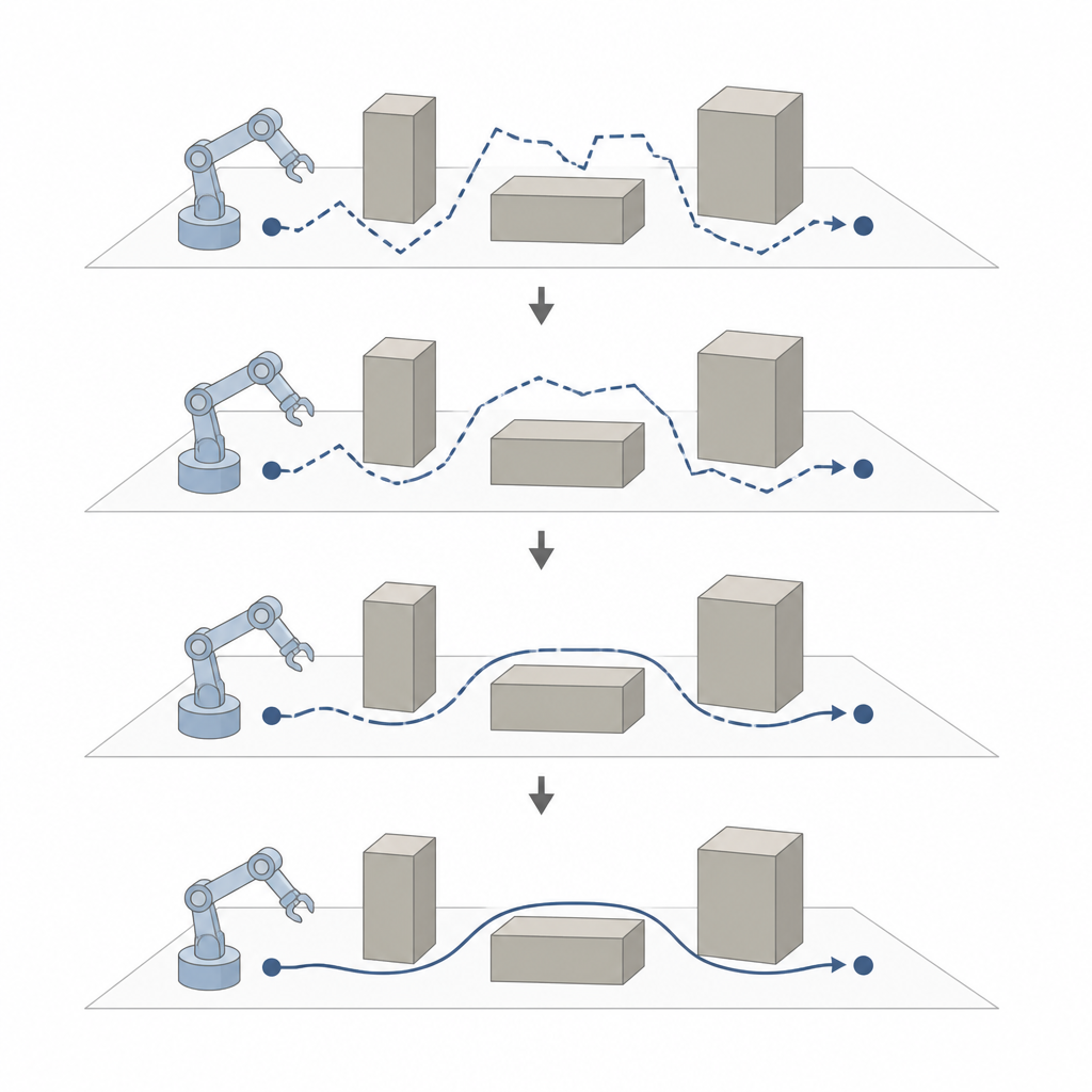 Figure 2. Engellerden kaçınmak ve hareketi düzleştirmek için tek bir düzlem üzerinde robot kolu yolunun adım adım iyileştirilmesi.