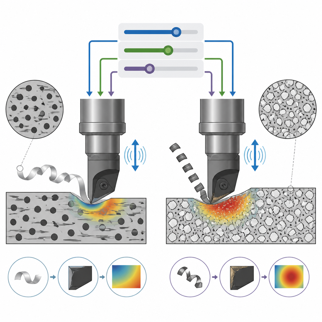 Figure 2. Hoe snijsnelheid, voedingssnelheid, snedediepte en vibratie de spanenvorming, gereedschapsverslijting en materiaalafname beïnvloeden in twee hybride aluminiumcomposieten.