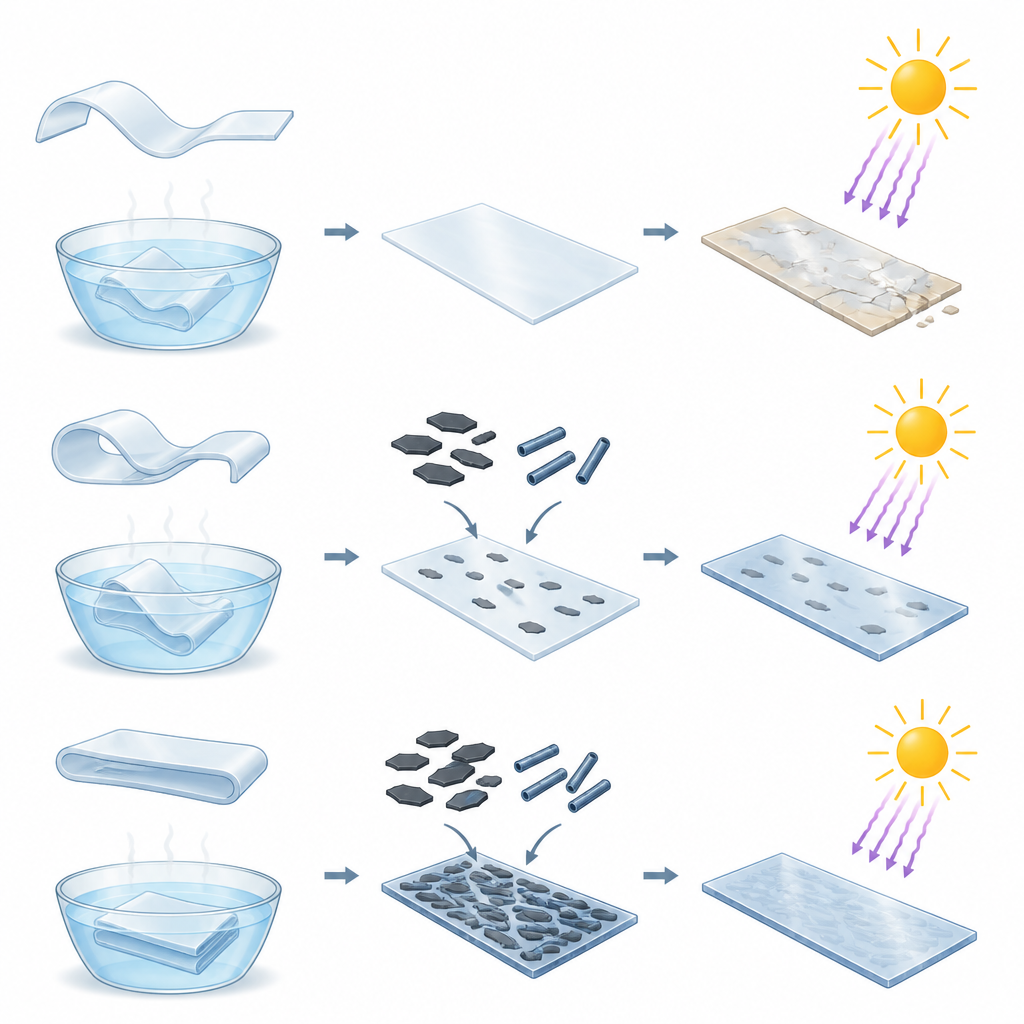 Figure 1. Película flexible inteligente reforzada con diminutas partículas de carbono para mantener su resistencia y su forma bajo la luz solar.