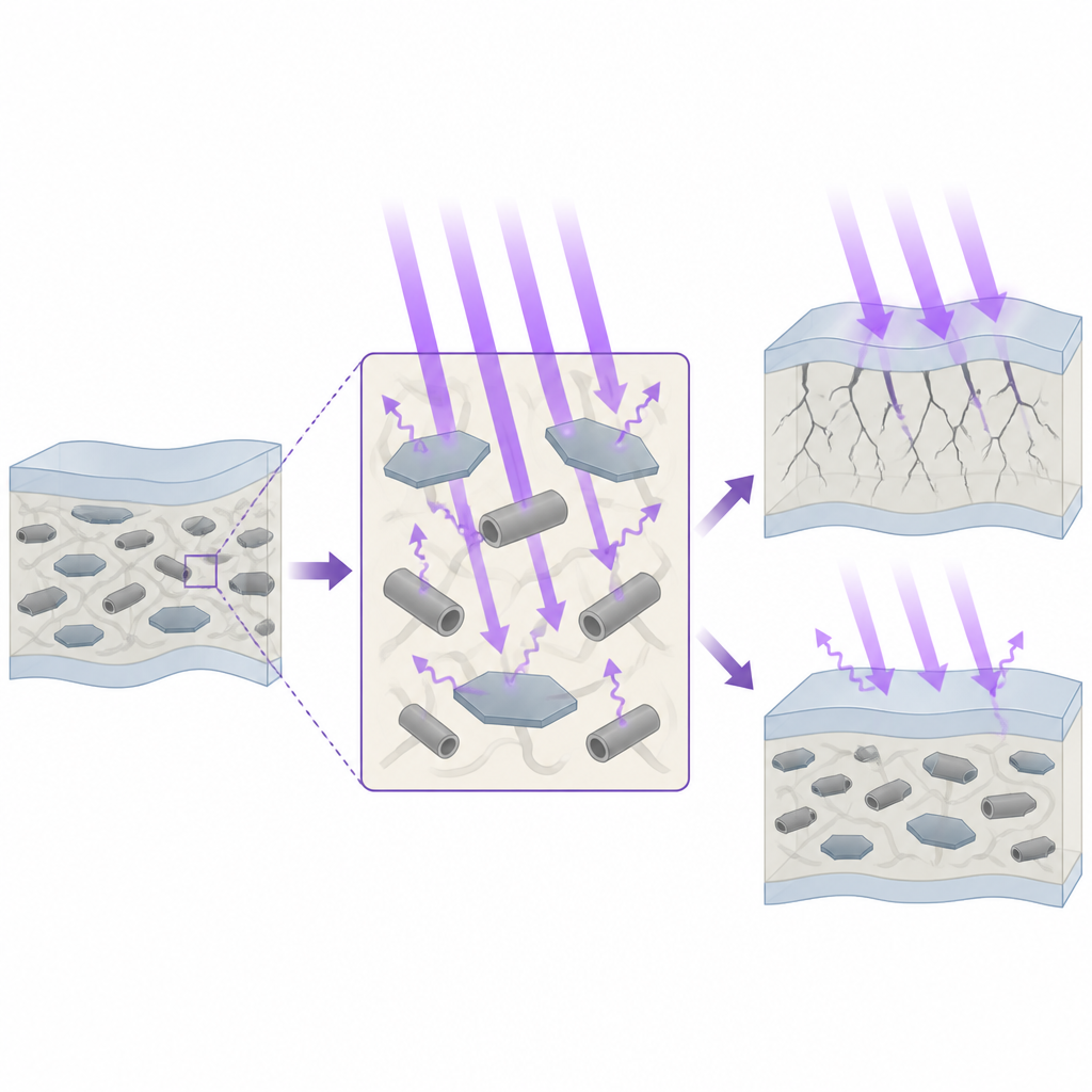 Figure 2. Láminas y tubos de carbono dentro de una película bloquean los rayos UV y reducen las grietas, preservando la resistencia y la forma del material.