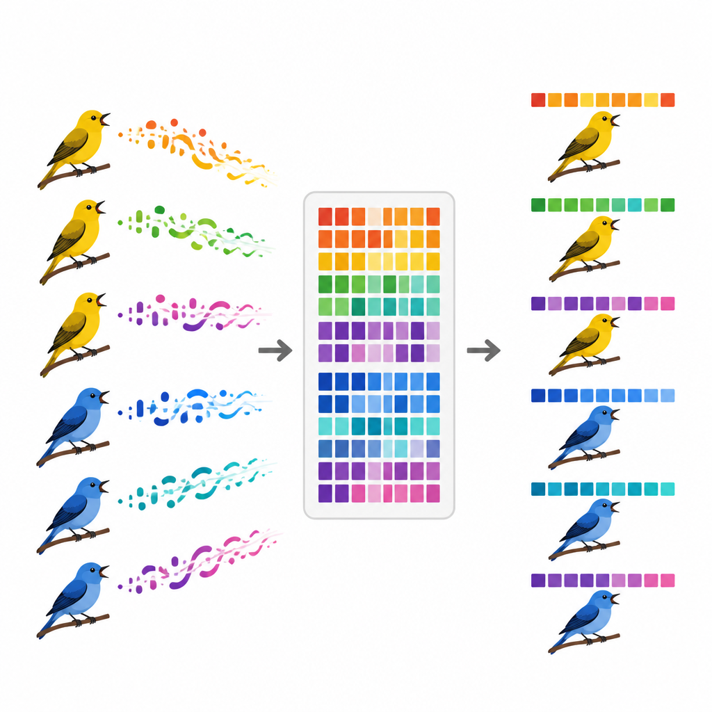 Figure 1. Las canciones únicas de muchas aves siguen reglas compartidas por la especie que determinan cómo se ordenan en el tiempo las notas aprendidas.