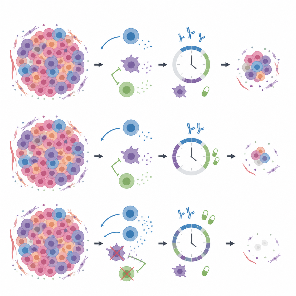Figure 1. How the timing and mix of cancer drugs and immune cells shape the fate of triple negative breast tumors.