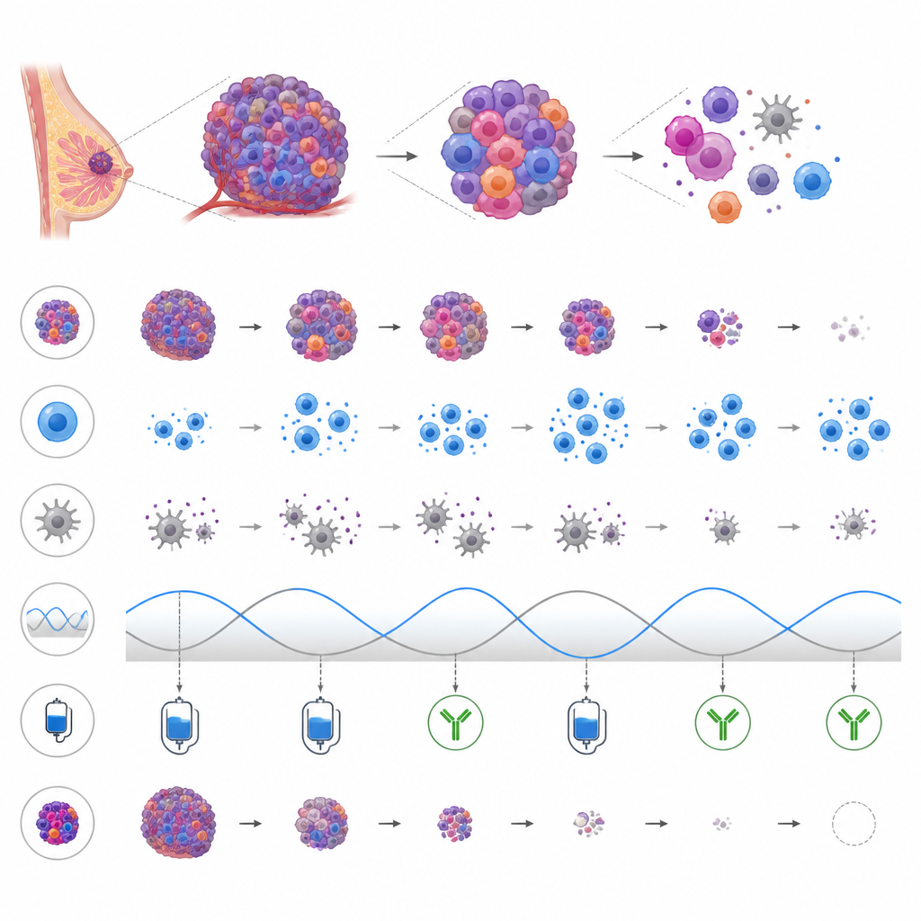 Figure 2. Coordinating chemo with immune cell cycles and an immune booster to shrink tumors and prevent resistant cells from taking over.