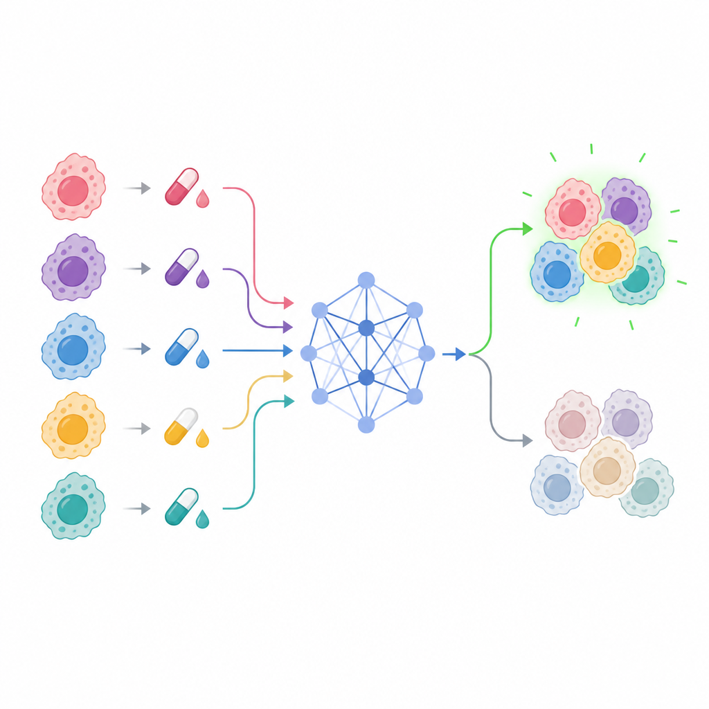 Figure 1. Modelo de IA que relaciona líneas celulares de cáncer de mama, fármacos y dosis para predecir qué tratamientos son más probables de funcionar.