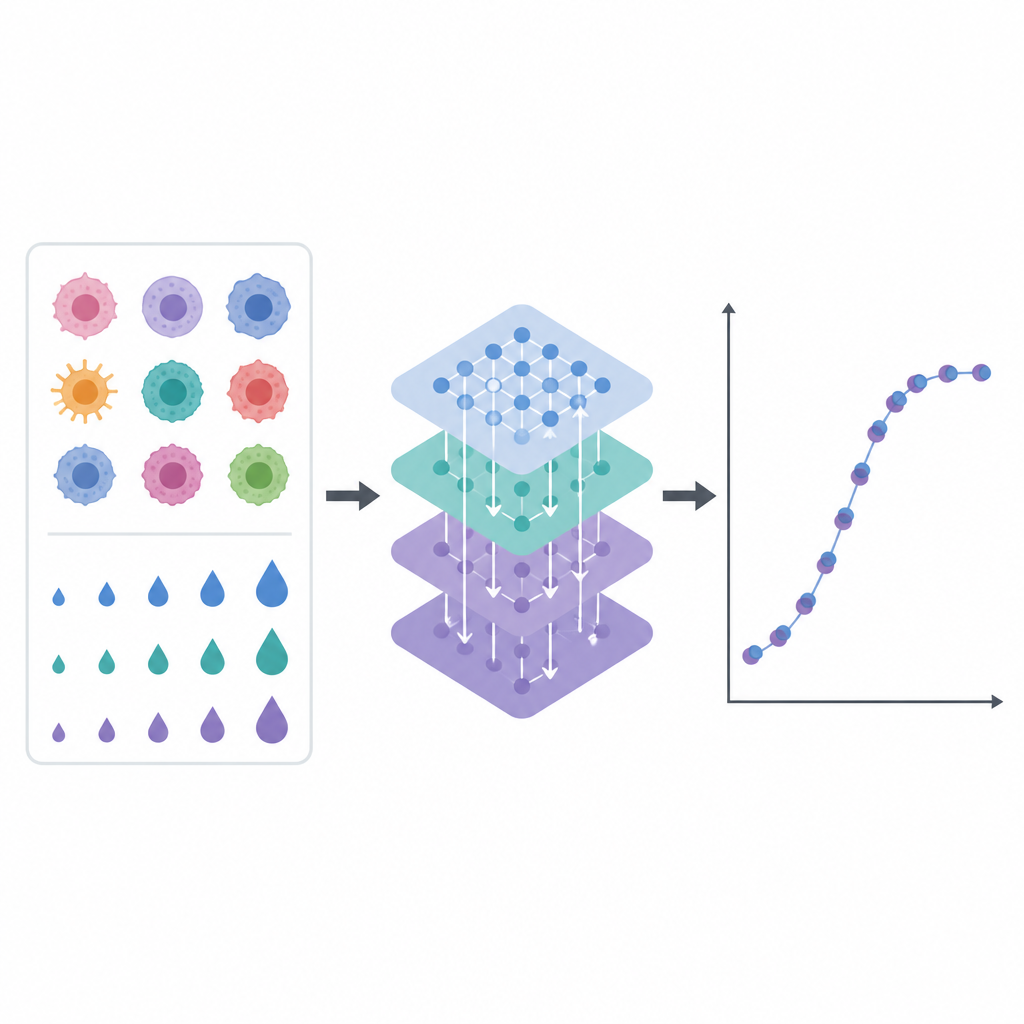 Figure 2. Visión paso a paso del aprendizaje de la IA a partir de dosis de fármaco variables para ajustar estrechamente las respuestas medidas de células de cáncer de mama.