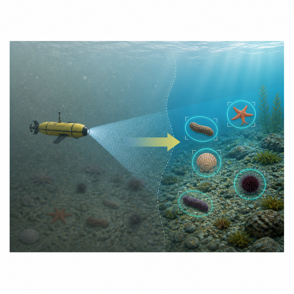 Figure 1. Cómo un modelo inteligente y ligero ayuda a los robots a ver con claridad pequeños animales marinos en escenas submarinas turbias en tiempo real.