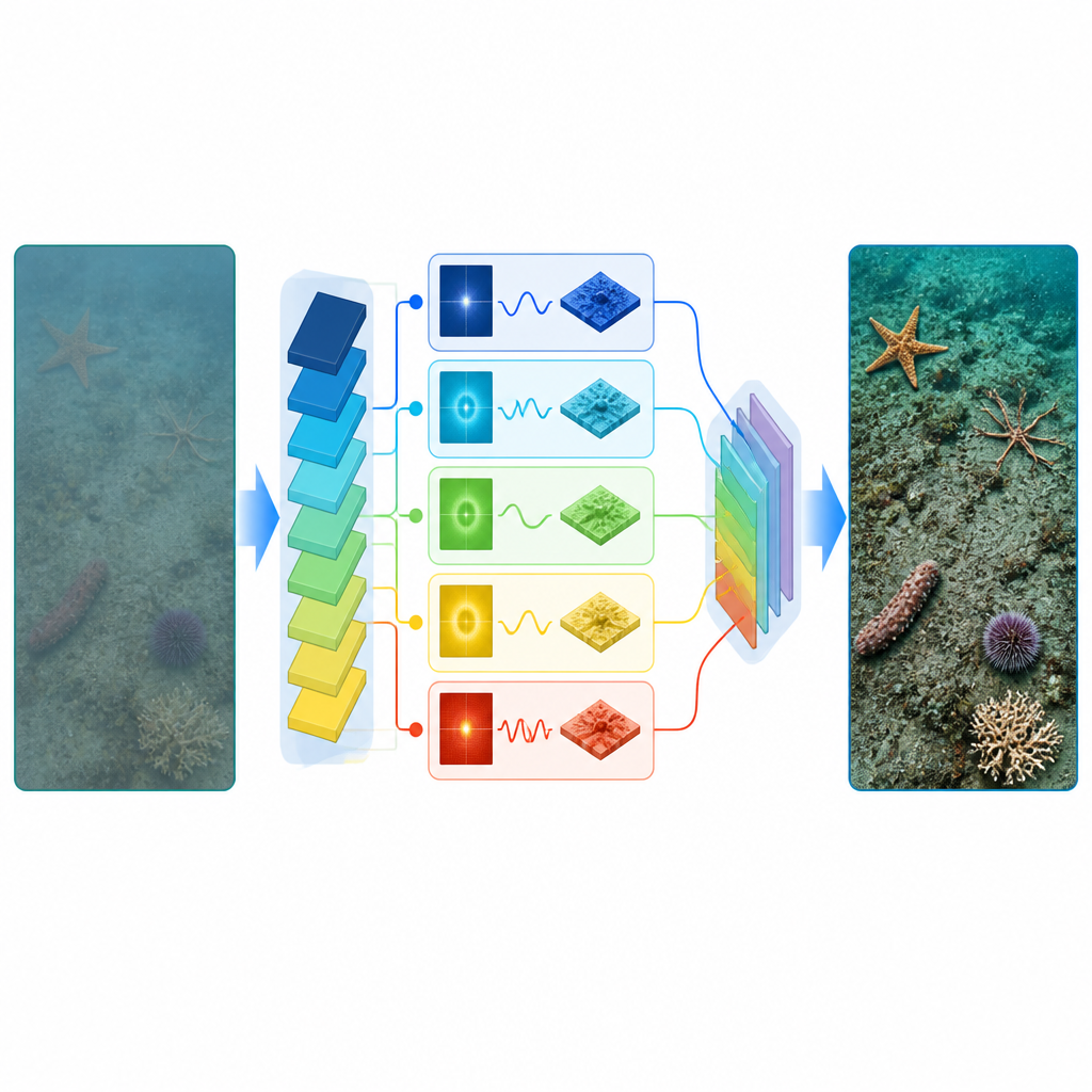 Figure 2. Cómo el filtrado en frecuencia y la fusión de características multinivel convierten una imagen submarina ruidosa en criaturas marinas destacadas y nítidas.