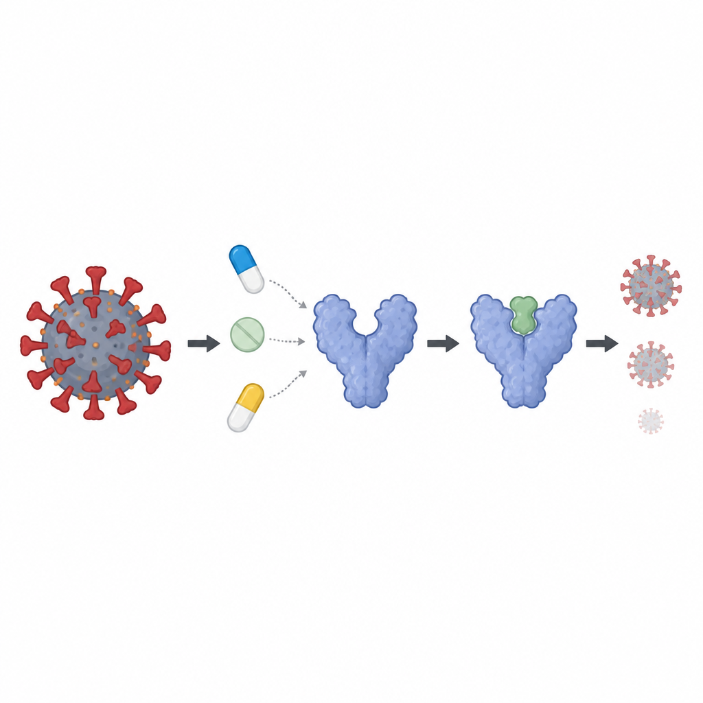 Figure 1. Cómo tres fármacos existentes podrían bloquear una proteína clave del virus COVID-19 y reducir la actividad viral.
