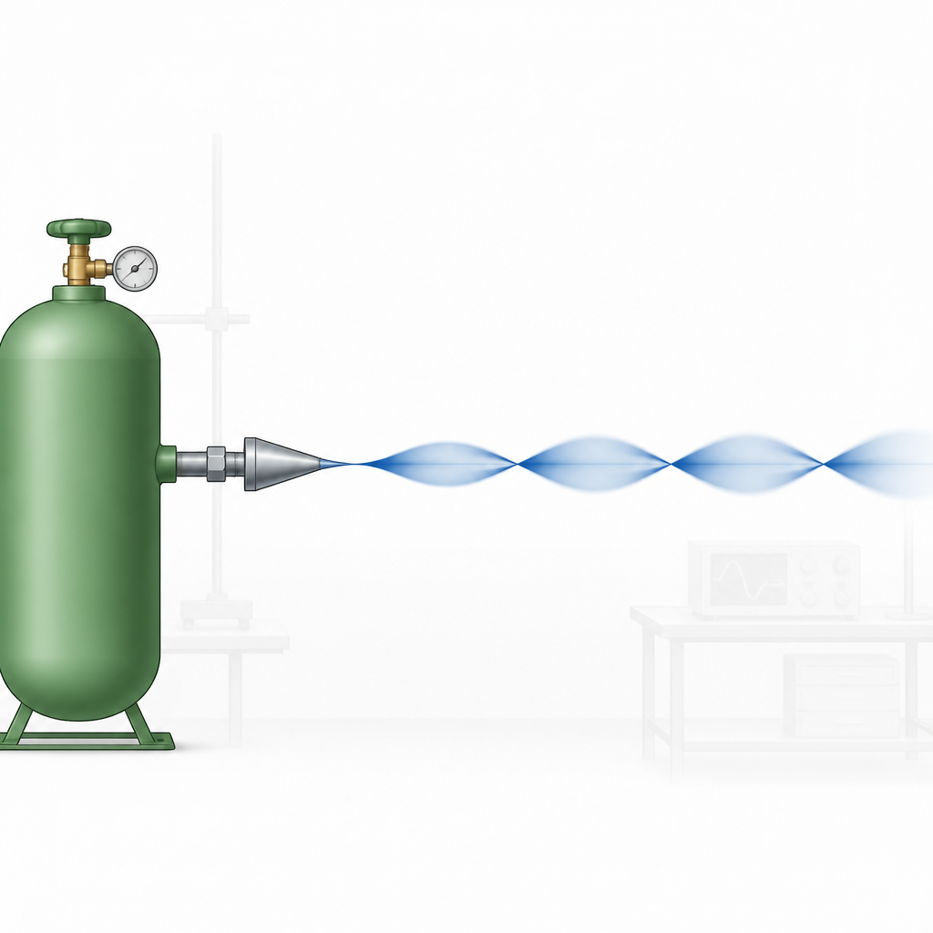 Figure 1. Come il gas che esce da un piccolo ugello si sviluppa in un getto caratterizzato da onde d’urto quando entra in aria ferma.