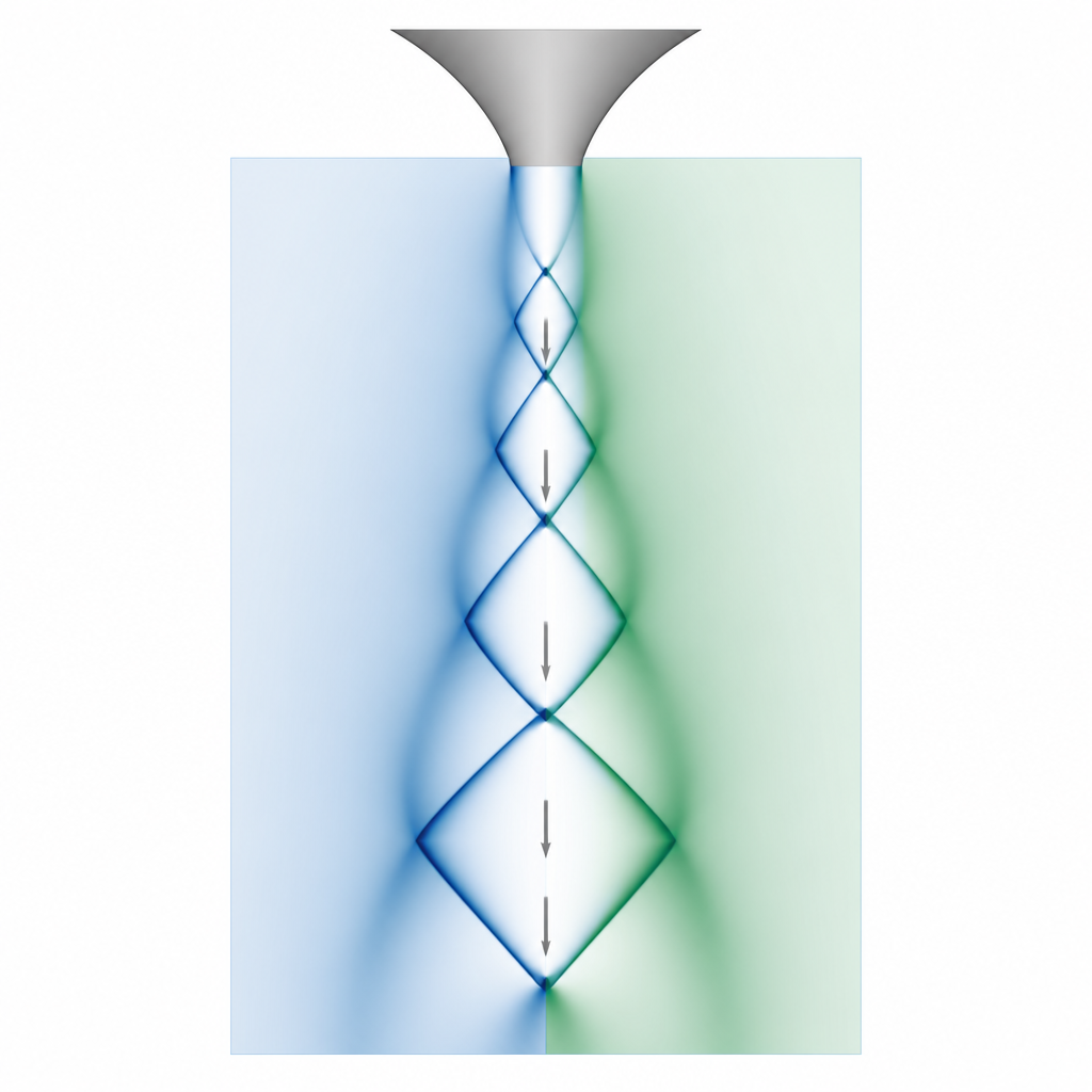 Figure 2. Confronto passo-passo di due metodi di simulazione che prevedono le stesse celle d’urto in un getto ad alta velocità.