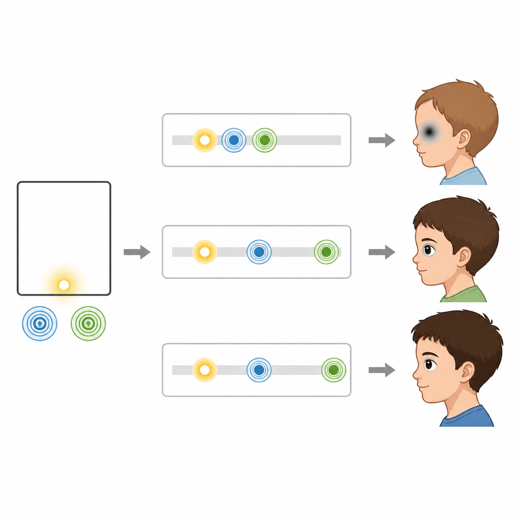 Figure 2. Hoe veranderende timing tussen piepjes en flitsen blootlegt dat kinderen steeds beter worden in het scheiden van wat ze zien en wat ze horen.