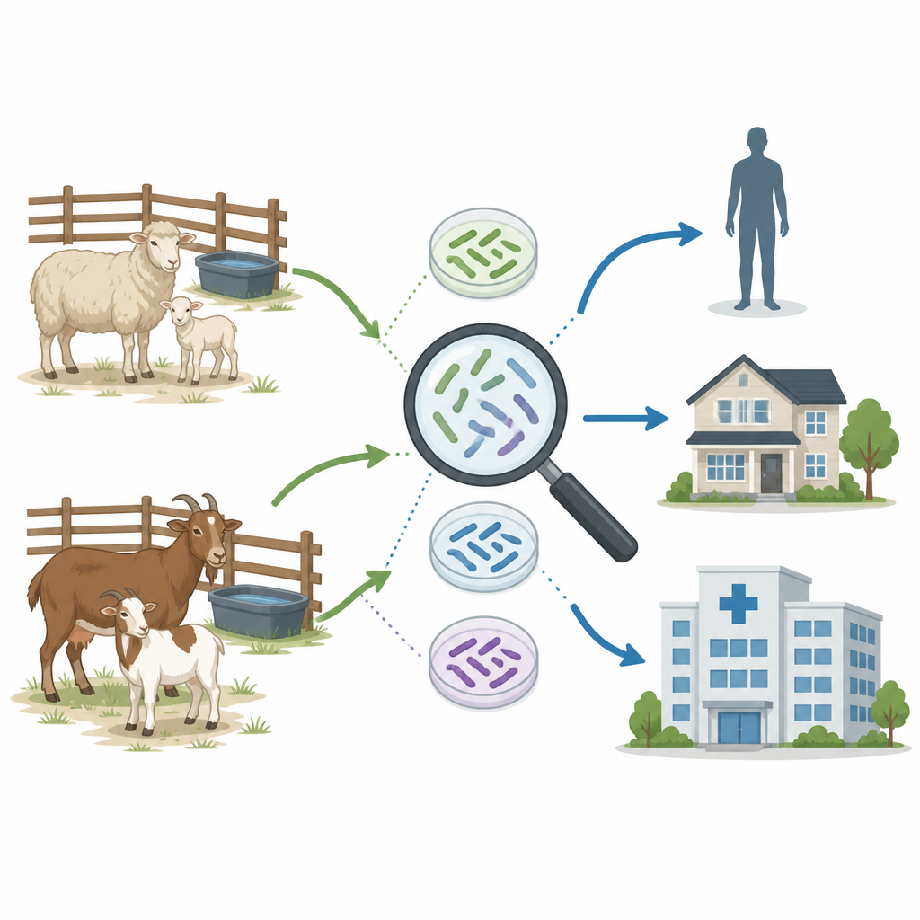 Figure 1. Cómo las cepas nocivas de E. coli se trasladan desde ovejas y cabras en las granjas hacia el entorno humano a través de los alimentos y el medio ambiente