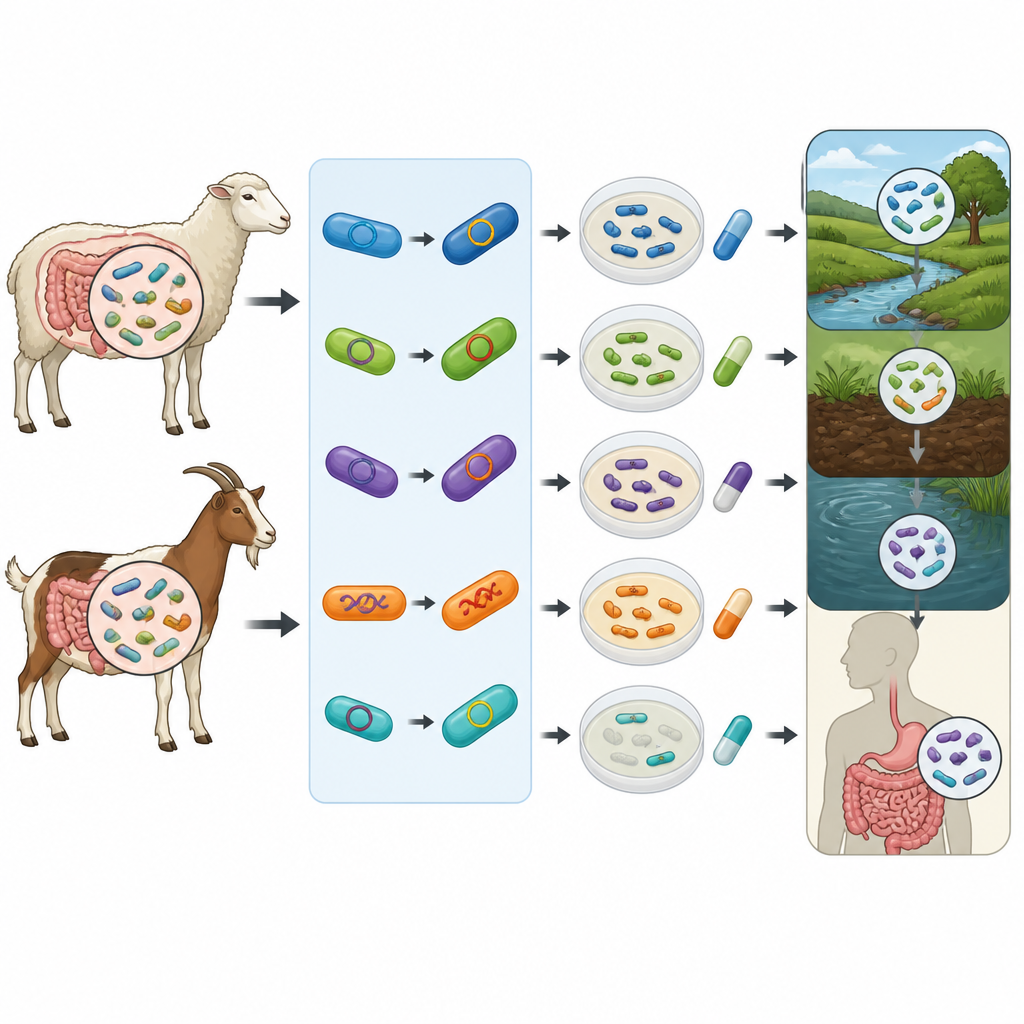 Figure 2. Itinerario paso a paso de E. coli resistente desde el intestino animal, mediante el uso de antibióticos, hasta las personas y el entorno