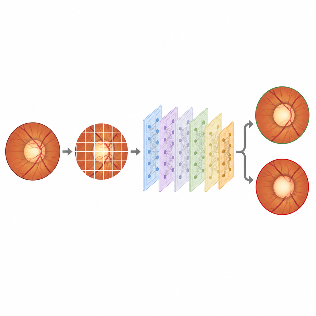 Figure 2. La foto del ojo se divide en parches que atraviesan un procesamiento por capas para separar discos ópticos sanos de dañados.