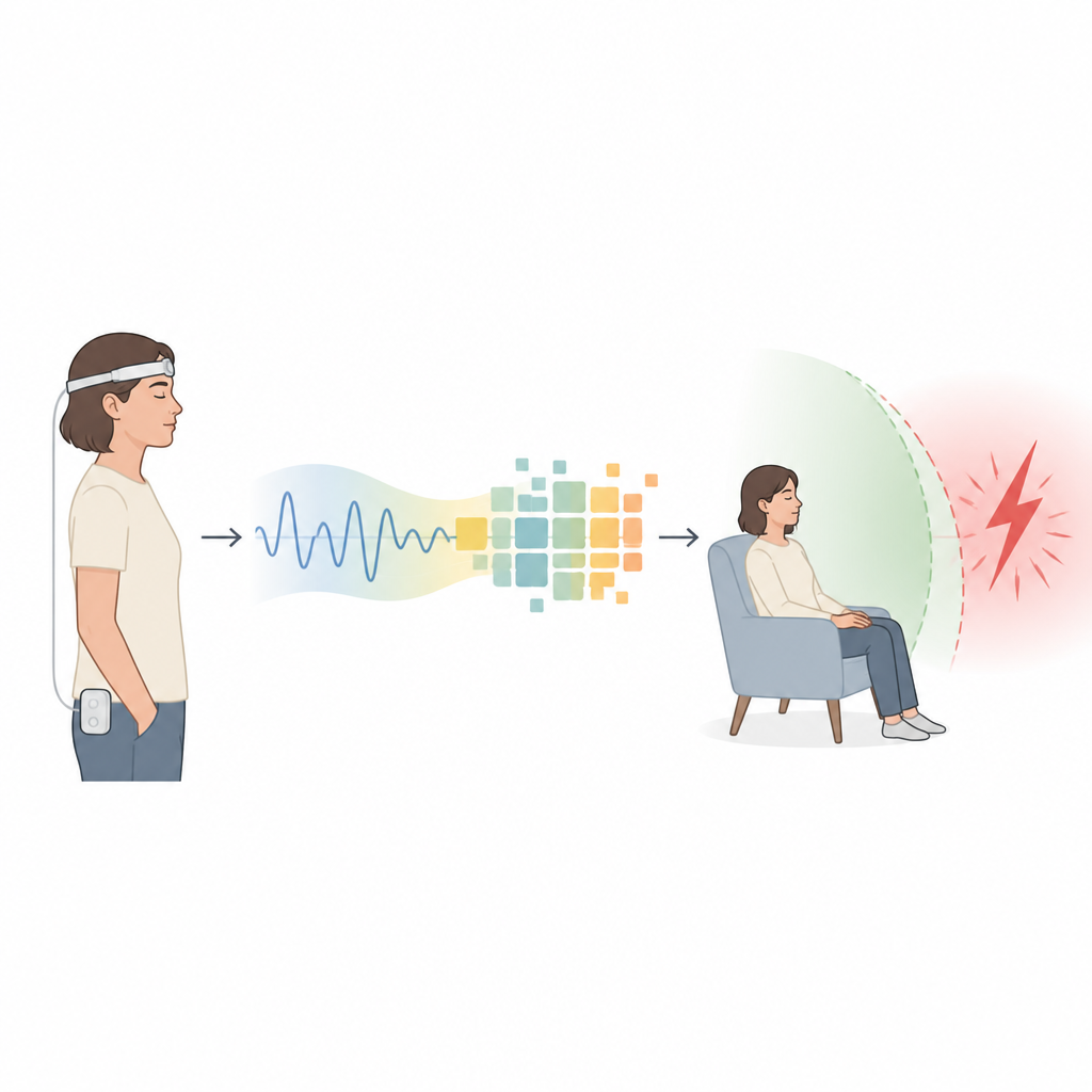 Figure 1. Un sensore frontale singolo e un piccolo modello di IA trasformano le onde cerebrali in avvisi precoci utili nella vita quotidiana.