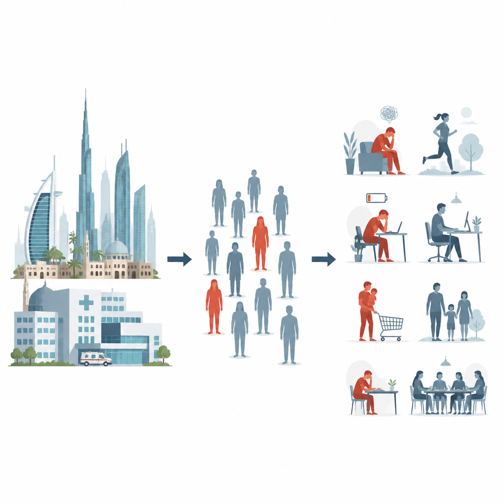 Figure 1. Van een ziekenhuisinfectie met COVID in de VAE naar aanhoudende klachten die het dagelijks leven en werk beïnvloeden.