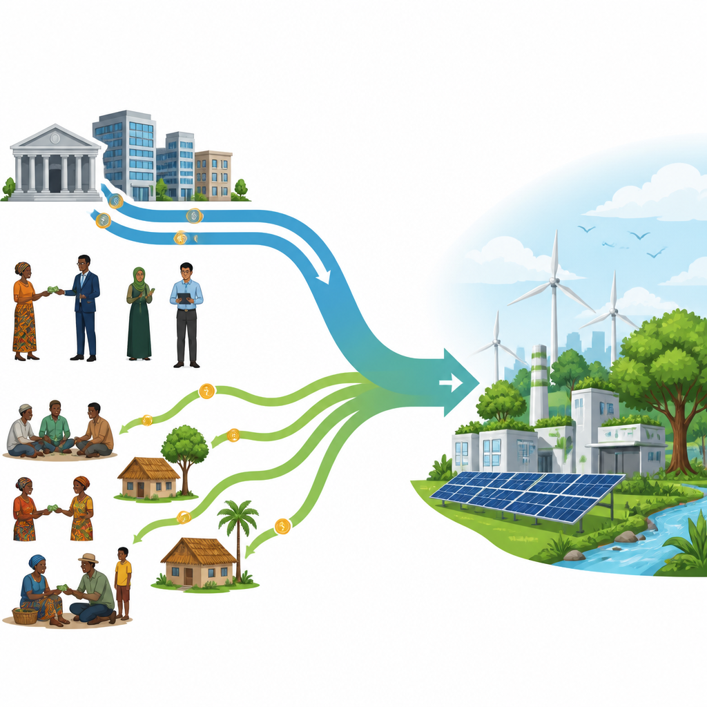 Figure 1. Cómo los flujos de dinero formales e informales en países pobres pueden combinarse para reducir la contaminación por carbono y apoyar la energía limpia.