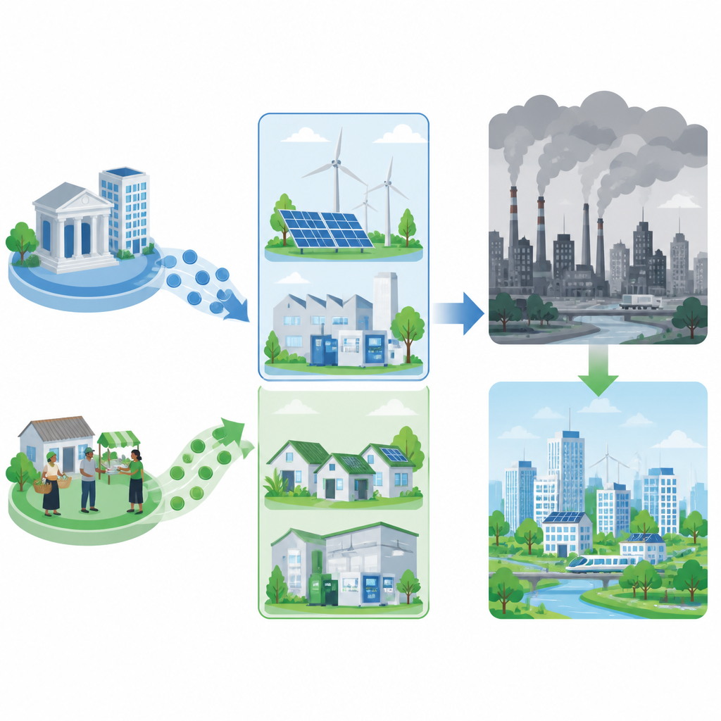 Figure 2. De qué manera distintos tipos de financiación alimentan inversiones en energía limpia y transforman ciudades de cielos cargados de humo a otros más claros y verdes.