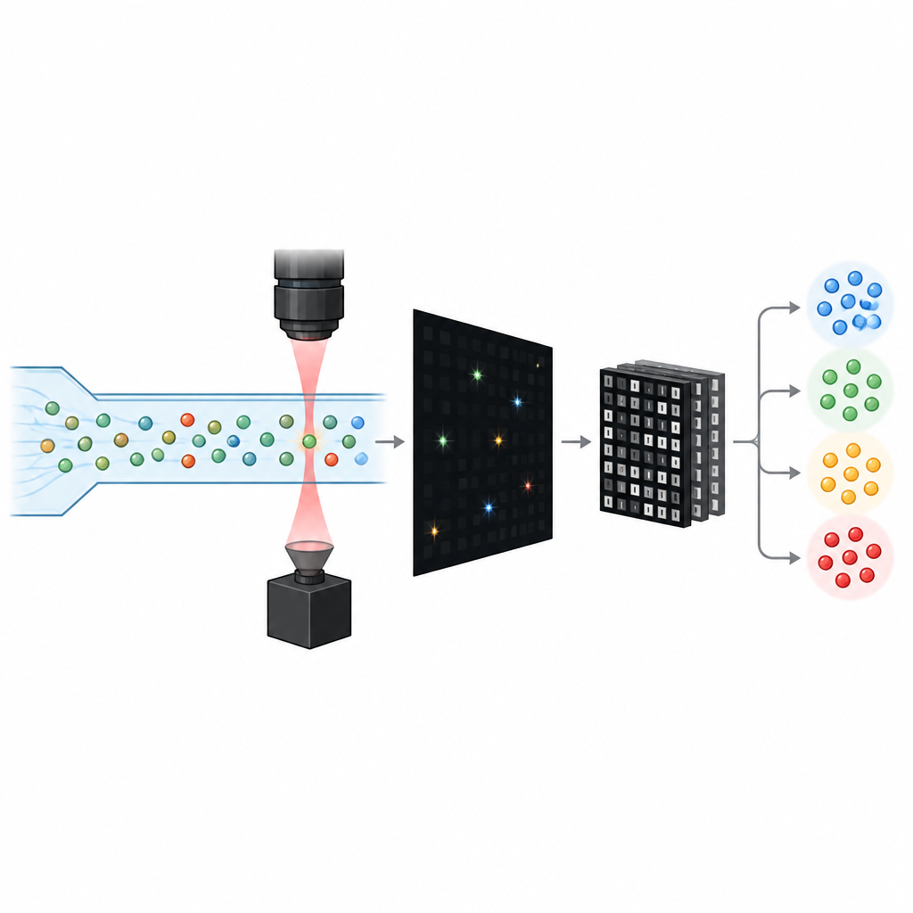 Figure 1. Comment des particules en flux, des caméras intelligentes et des codes simples collaborent pour trier de petits objets sans colorants fluorescents.