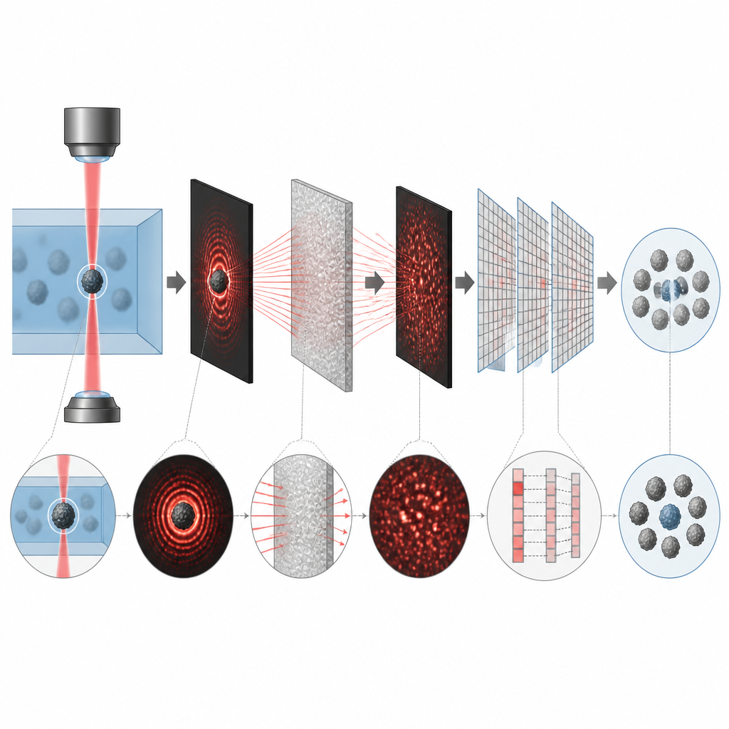 Figure 2. Comment une couche de verre dépoli reconfigure les motifs lumineux pour aider un algorithme compact inspiré du cerveau à séparer les particules selon leur taille.