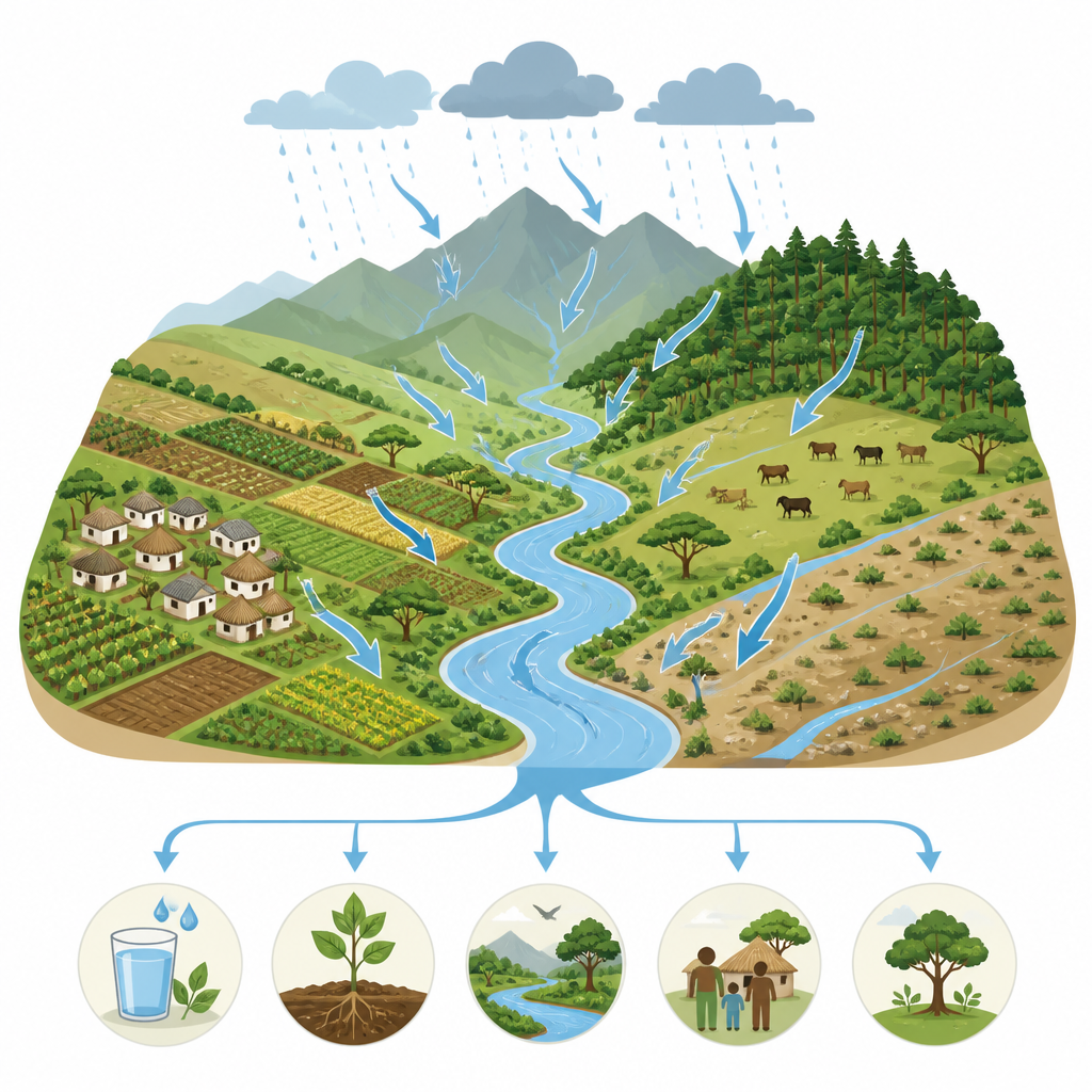 Figure 1. How changes in farming, forest, and water areas reshape nature’s benefits in an Ethiopian mountain watershed.