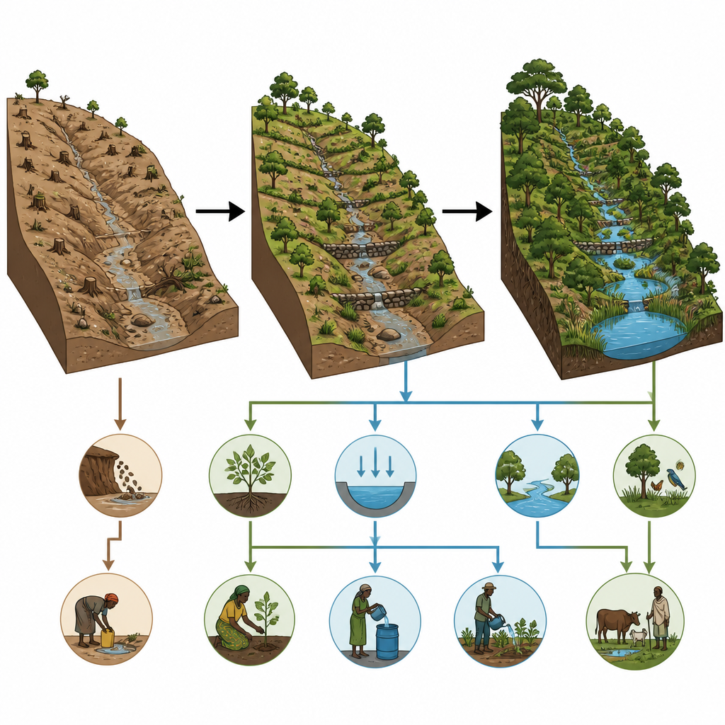 Figure 2. How restoring vegetation and managing water on hillsides can turn degraded streams into healthier, more reliable flows.
