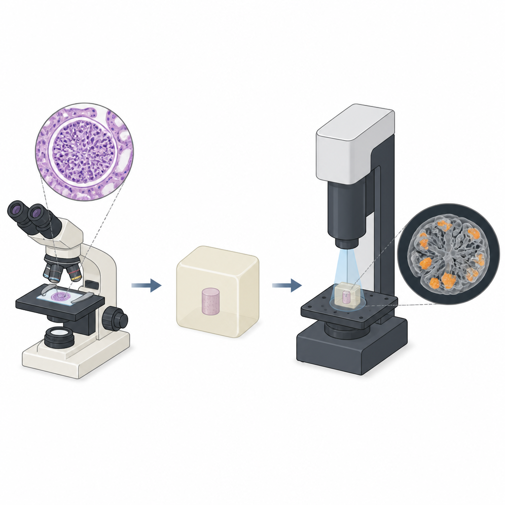 Figure 1. Od płaskich plastrów biopsji nerkowej do pełnego widoku 3D przy użyciu sparowanego obrazowania świetlnego i rentgenowskiego.